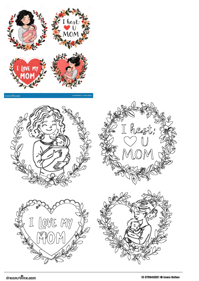Mother's Day stickers and illustrations featuring loving moms with babies, floral wreaths, hearts, and 'I Love Mom' text.