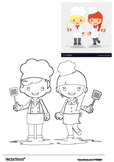 Cartoon chef characters, a boy and a girl, holding spatulas. Features both a vibrant colored illustration and a crisp line art.