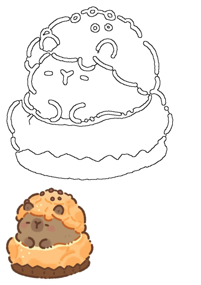 Cute chocolate chip cookie doughnut illustration with a brown character, featuring both a crisp black outline and a vibrant colored version.