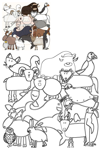 Cute cartoon polar arctic animals clipart featuring musk ox, fox, polar bear, seal, penguin, and walrus. Includes colored and outline versions.