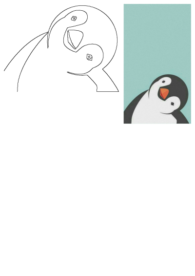 An adorable black and white penguin illustration with an orange beak peeking, accompanied by its detailed line art outline.
