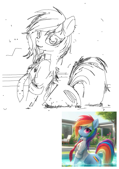 An anime-style Rainbow Pony, featuring a vibrant rainbow mane and tail, playfully splashing in a bright blue swimming pool.