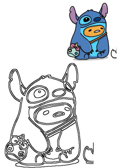 Cute blue Stitch animal character in a piglet costume holding a Scrump doll, with a black outline for coloring.
