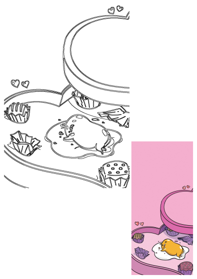 Gudetama, the lazy egg cartoon character, relaxes in an open pink heart-shaped Valentine's chocolate box filled with candies.