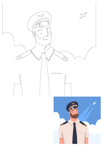 Illustration of a bearded pilot in full uniform, including a cap and tie, looking up towards an airplane in the sky.