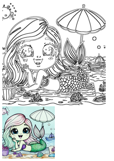 Little Mermaid Beach Drawing of a happy chibi mermaid lounging on a sandy shore under an umbrella, with seashells and a sailboat.