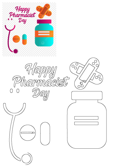Vibrant illustration for Happy Pharmacist Day, featuring a stethoscope, medicine bottle, pills, and band-aids. A medical celebration design.