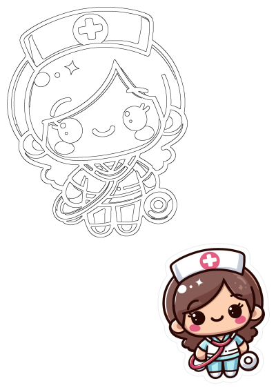 A cute cartoon nurse with a stethoscope, featured in both a vibrant colored illustration and a black outline perfect for crafts.