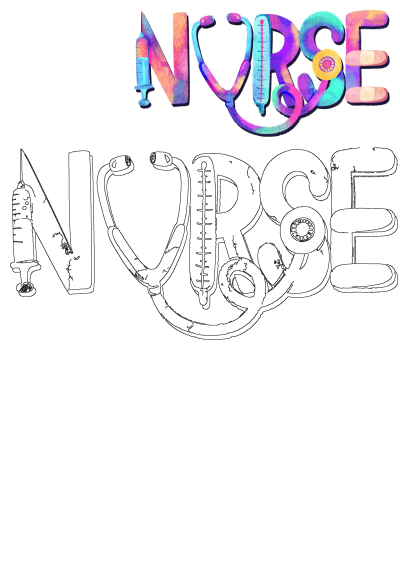 Colorful nurse appreciation art spells 'NURSE' with vibrant medical symbols including a syringe, stethoscope, thermometer, and band-aids.