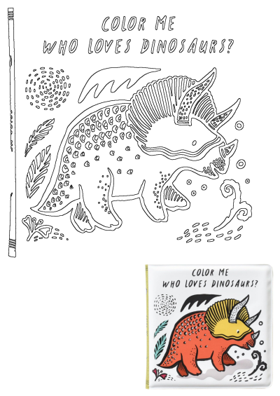 Wee Gallery Color Me Who Loves Dinosaurs bath book & bath toy. Features a black & white Triceratops drawing and the colored product.
