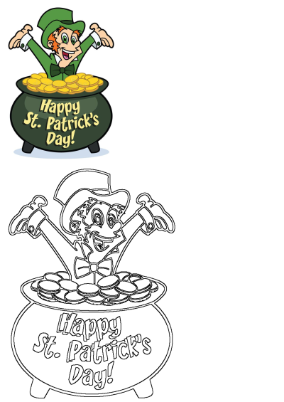 Cartoon leprechaun in green emerges from a pot of gold with 'Happy St. Patrick's Day!' text, alongside a printable outline for coloring.