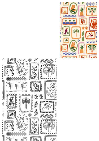 Tropical Animal Plant Wallpaper Pattern with framed leopards, monkeys, palm trees, and pineapples in a charming, seamless design.