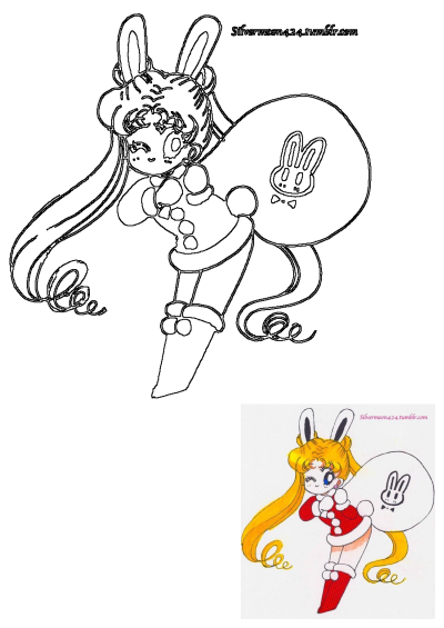 Line art of Sailor Moon in a Santa bunny ears outfit holding a bunny-themed Christmas sack. Anime cartoon character outline.