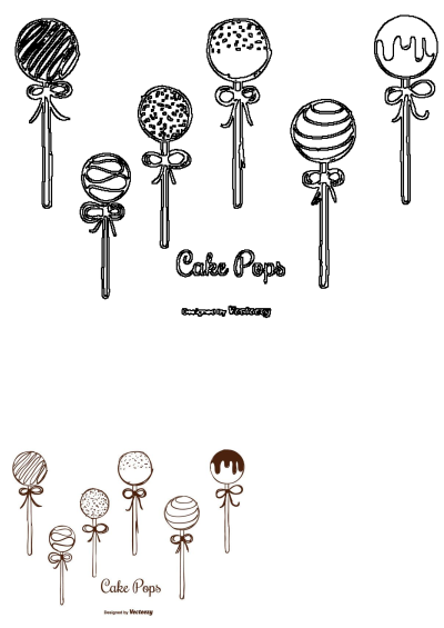 Hand-drawn cake pops vector illustration featuring various frosting designs, decorative bows on sticks, and a charming doodle style.