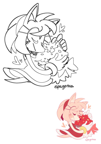 A cute chibi Amy Rose from Sonic The Hedgehog, blissfully holding a bouquet of red flowers. The image features both a line art outline and a colored version.