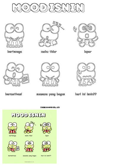Keroppi cartoon frog expressions for Monday moods: energetic, sleepy, hungry, motivated, good, and surprised. Outline and colored versions.