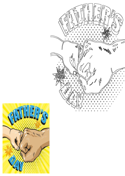Vibrant pop art Fathers Day greeting card with parent and child fist bump, featuring bold text and dotted background. Includes outline version.