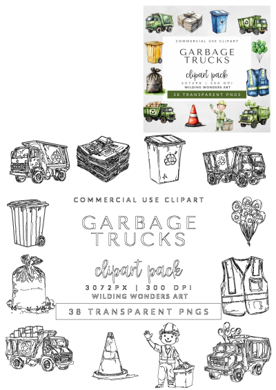 Commercial use watercolor and outline clipart pack featuring garbage trucks, recycling bins, trash, worker, and eco-friendly items.