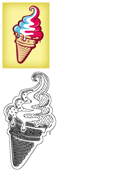 A colorful swirl ice cream cone featuring blue with stars, white, and pink with dots, melting on a bright yellow background.