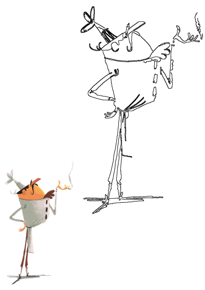 Nikolas Ilic's character design features a whimsical smoking chef with a tall hat and thin legs. Includes both colored and line art versions.
