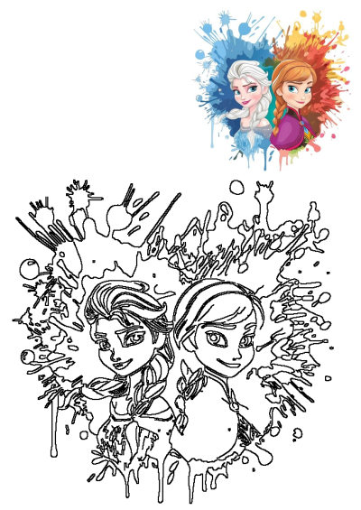 Frozen Elsa and Anna Watercolor Art featuring vibrant paint splatters, alongside a matching black and white line art version.