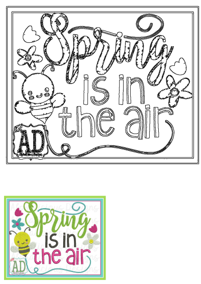 Cute Spring Is In The Air embroidery design featuring a happy bee and delicate flowers. Perfect for seasonal crafts.