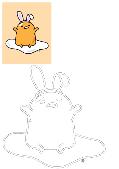 Kawaii Gudetama cartoon dressed as a bunny for Easter, with pink ears, sitting on its egg white. Includes a line art version.