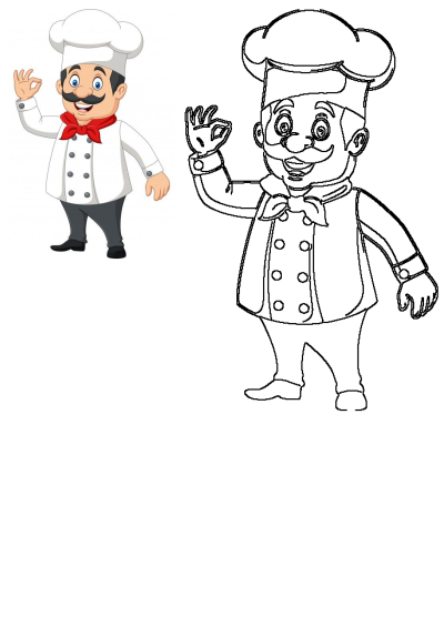 A happy cartoon chef character with a mustache, wearing a chef hat and uniform, making an 'OK' gesture. Features both color and line art.