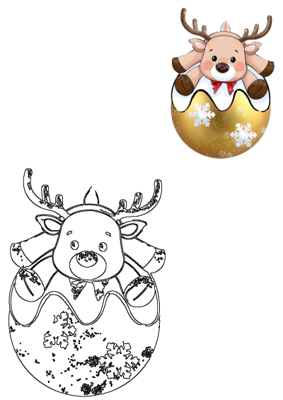 Cute reindeer in a golden Christmas ornament with snowflakes, next to its line art outline. Ideal for holiday crafts and fun activities.