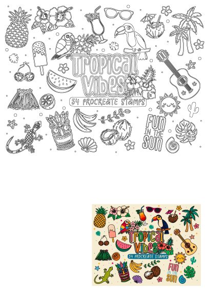 Tropical Vibes Procreate stamps set with 54 digital summer elements: pineapple, hibiscus, toucan, palm trees, cocktails, sun, and more.