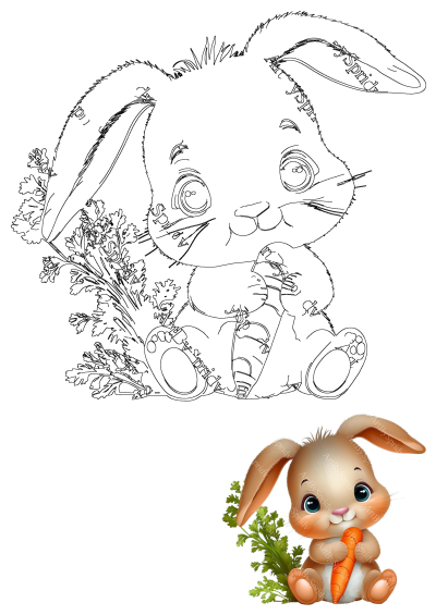 Adorable animal illustration featuring a cute bunny holding a fresh carrot with green leaves, presented in both full color and outline art.