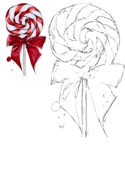 A charming watercolor illustration of a red and white swirl lollipop with a festive red bow, presented alongside its line art outline.
