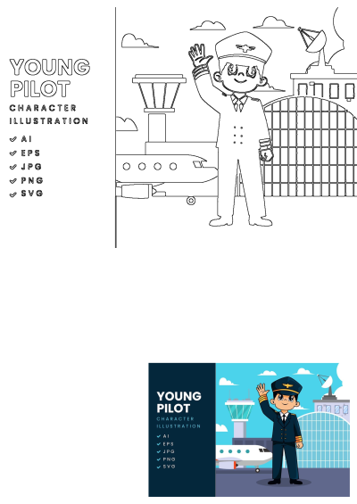 Young pilot character illustration greeting at airport with airplane, control tower, and terminal, available in color and outline.
