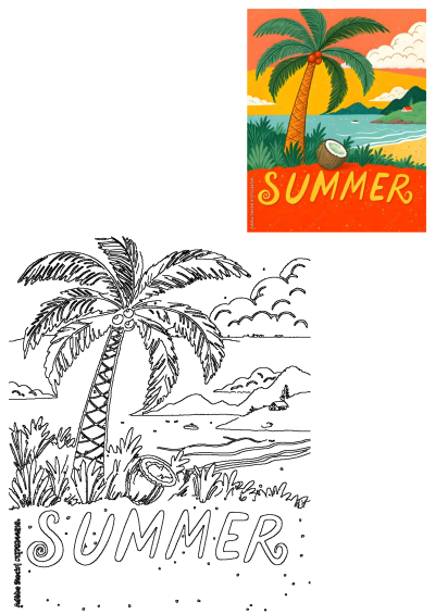 Vibrant summer tropical scene featuring a palm tree with coconuts on a sandy beach, clear blue sea, distant mountains, and the word 'SUMMER'.
