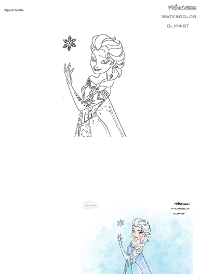 Frozen Princess watercolor clipart featuring an Elsa-like character with braided hair, sparkling dress, and a snowflake. Also includes an outline version.