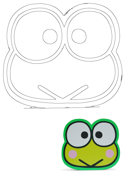 Cute green frog face with pink cheeks and black eyes, presented alongside a black and white outline for coloring.