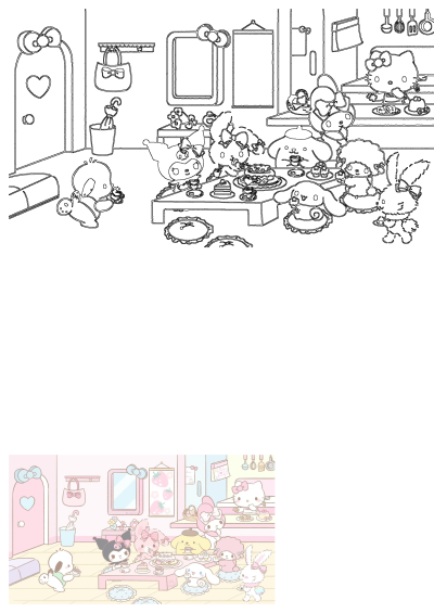 Sanrio characters Hello Kitty, My Melody, and friends gather for a cute pastel tea party with delicious cakes and treats.