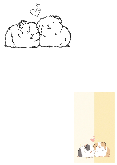 Cute cartoon guinea pigs laying together. Image features both a simple line art and a colored version with hearts and sparkles.