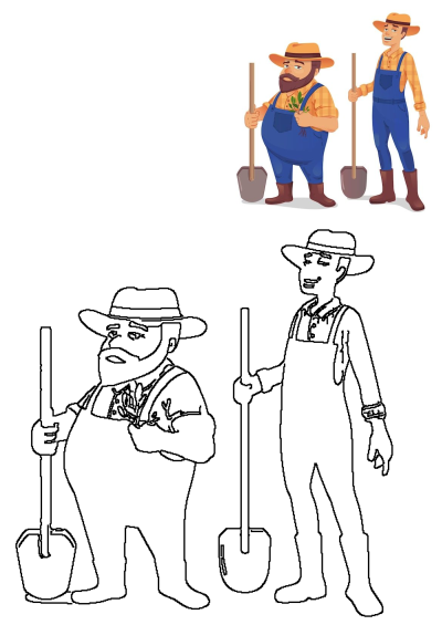 Cheerful cartoon farmers with shovels. One stout and bearded, the other slim and smiling, both in overalls and hats, ready for farm work.
