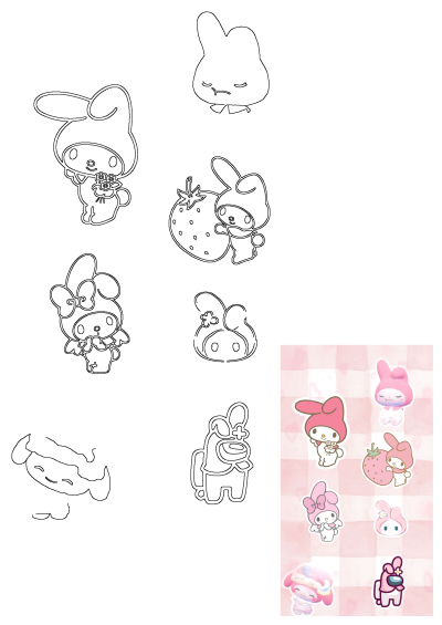 Cute My Melody kawaii stickers featuring various poses, like holding flowers and a strawberry, on a pink checkered tablecloth.