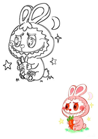 Cute pink bunny illustration holding a carrot, with stars and a moon. Features both outline and vibrant colored versions.
