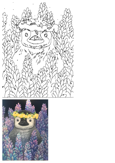 An enchanting painting featuring a penguin adorned with a yellow flower wreath, nestled among purple and blue plants glistening with dewdrops.