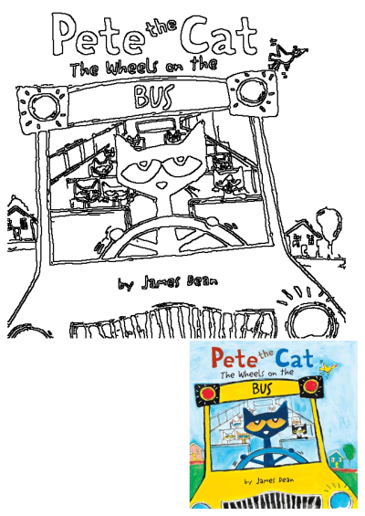 The colorful Pete the Cat "Wheels on the Bus" book cover by James Dean, showing Pete driving a yellow school bus with cat friends.