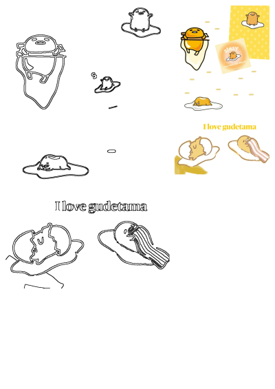 Collection of Gudetama lazy egg character illustrations in various poses, including color art and outlines, showcasing its charming laziness.