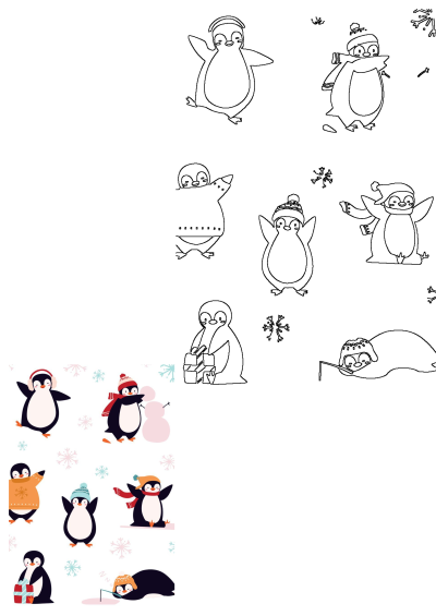 Adorable winter penguins in hats, scarves, and mittens. This seasonal illustration features both vibrant colored and outline drawings of penguins.