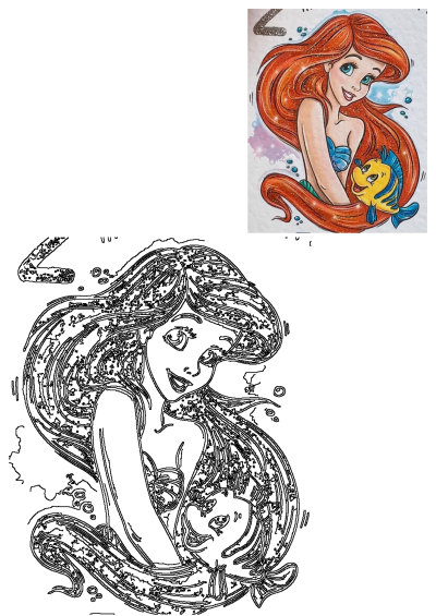 Ariel, The Little Mermaid, gleefully holds her best friend Flounder. This vibrant illustration features her iconic red glittery hair and a sweet smile.