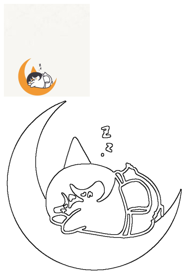 A cute cartoon cat sleeping peacefully on a crescent moon with 'zzz' symbols, embodying a dreamy state. Includes a crisp outline for coloring.