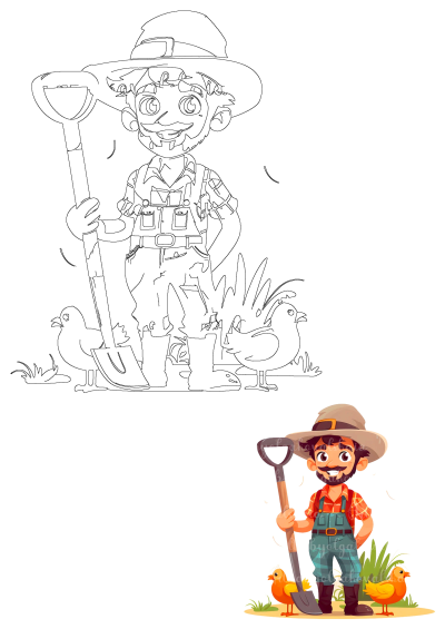 A friendly cartoon farmer in a hat and overalls holds a shovel, accompanied by two happy yellow chickens, ready for farm work.