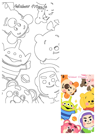 A playful mix of cartoon characters like Pooh, Buzz, and Lotso, featuring both outline drawings and vibrant 'rainbow friends' designs on white.
