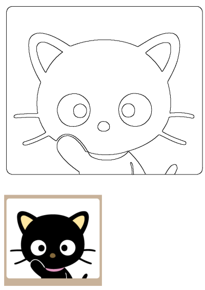 Outline of a cute black cat cartoon character with big round eyes, a cheerful smile, whiskers, and a waving paw, ready to be colored.